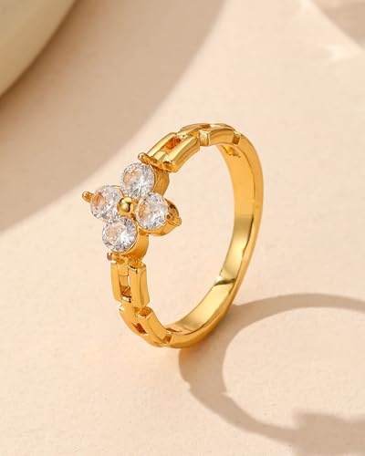 YeGieonr Gold Rings for Women Non tarnish Stainless Steel Womens Rings Dainty 18K Gold Plated Rings - color: Flower Chain Rings, size: 7