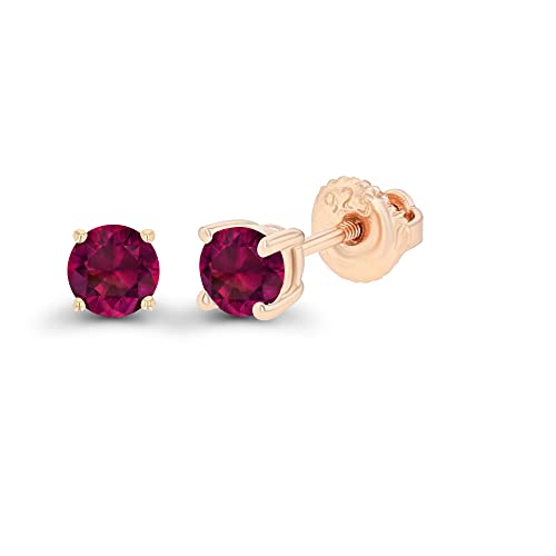 14K Gold Plated 925 Sterling Silver Hypoallergenic 4mm Round Genuine Birthstone Solitaire Screwback Stud Earrings - color: Ruby Created