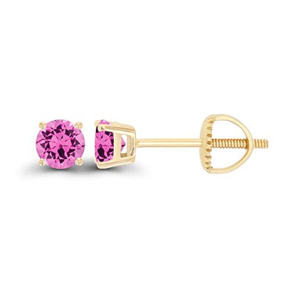 14K Gold Plated 925 Sterling Silver Hypoallergenic 4mm Round Genuine Birthstone Solitaire Screwback Stud Earrings - color: Pink Sapphire Created