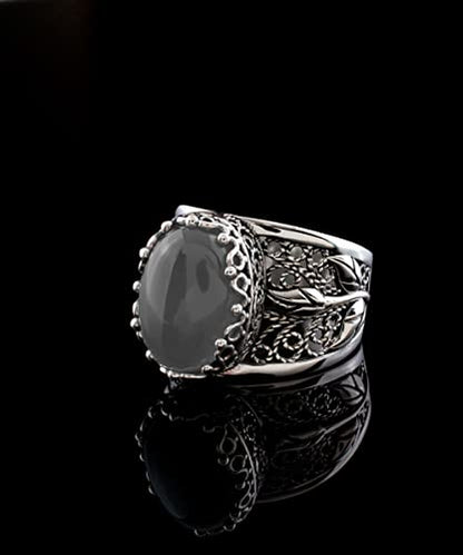 Filigranist 925 Sterling Silver Filigree Art Lace Embroidery Tulip Detailed Gemstone Women Cocktail Ring, Luxurious Gift Boxed - color: Gray Moonstone