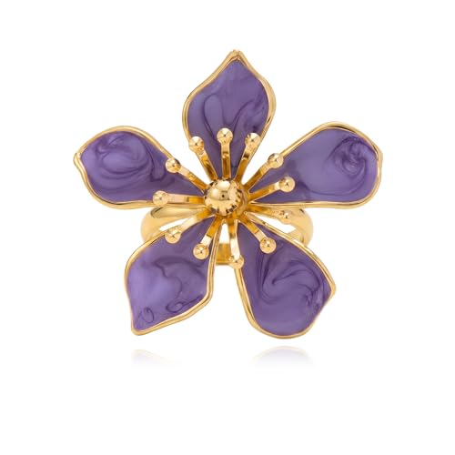 Flower Statement Ring for Women Chunky Gold Floral Enamel Rings Ring Vintage Boho Open Adjustable Ring Wedding Party Daily Wear Jewelry Gift - color: Purple