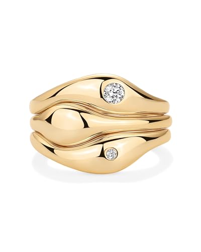 PAVOI 14K Gold Plated Chunky Stackable Rings Set for Women | Cubic Zirconia Bands Set | 3 Statement Rings Pack - color: Yellow Gold, size: 6, style: CZ