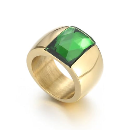 OIDIMS Stunning Large Statement Glass Crystal Rhinestone Band Cocktail Ring Cubic Zirconia Stainless Steel Thick Chunky for Women Men18k Gold Plated Friend Graduation Gift Evening Party - color: Green, size: 8