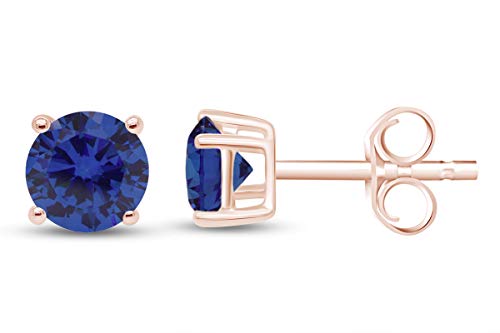 Birthstone Stud Earrings for Women 4MM Round Simulated Gemstone Studs | Push Back Earrings In 14K Gold Over Sterling Silver - color: September - Blue Sapphire