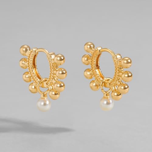 DREMMY STUDIOS Gold Dainty Huggie Hoop Earrings 18K Gold Plated Exquisite Open Tassel Dangle Charm Drop Sleeper Geometric Cross Coin Star Heart White CZ Simple Hypoallergenic Earrings for Women - color: Dangle Ball-Pearl