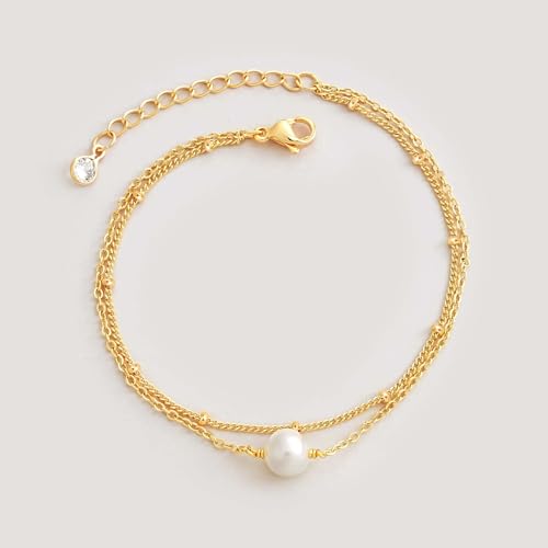MEVECCO Dainty Chain Bracelets for Women, Layered and Charm Styles | 14K Gold Plated Brass, Select Cubic Zirconia Accents, Single and Multi-Row Structures for Refined Everyday Wristwear - style: 2 Layer 1 Pearl Satellite Chain