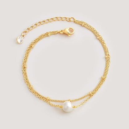 MEVECCO Dainty Chain Bracelets for Women, Layered and Charm Styles | 14K Gold Plated Brass, Select Cubic Zirconia Accents, Single and Multi-Row Structures for Refined Everyday Wristwear - style: 2 Layer 1 Pearl Satellite Chain