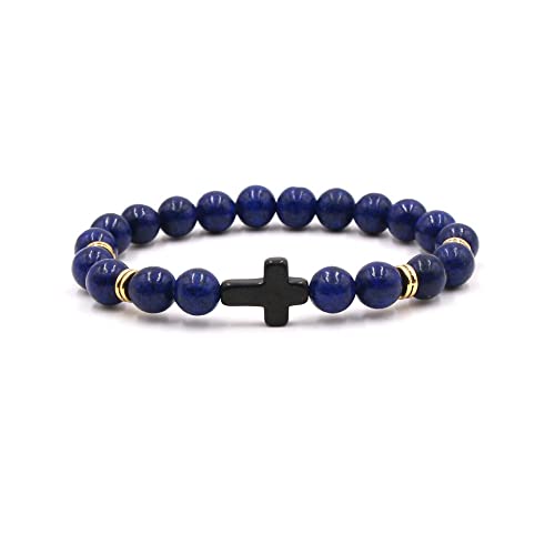 8MM Ornament Lava Volcanic Stone Beads Turquoise Cross Elastic Stretch Bracelet Religion Bangle for Women Men - color: Sapphire