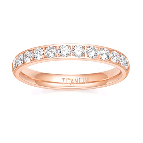TIGRADE 3mm Women Titanium Engagement Ring Half Cubic Zirconia Eternity Wedding Band Size 3-13 - color: Rose Gold