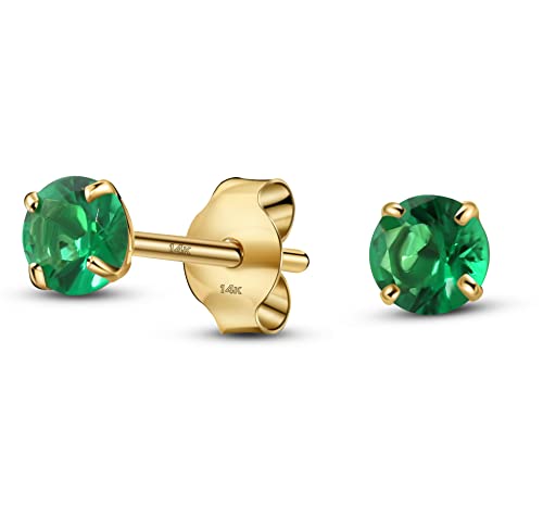 Solid 14K Yellow Gold Round Solitaire Simulated-Birthstone Minimalist Stud Earring - color: 05-May, size: 3mm