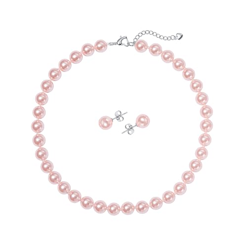 10mm Faux Pearl Necklace & Earrings Set, Elegant Jewelry for Women | Glass material, handmade product, Daily wear, Holiday gift - color: Pink