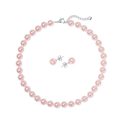 10mm Faux Pearl Necklace & Earrings Set, Elegant Jewelry for Women | Glass material, handmade product, Daily wear, Holiday gift - color: Pink