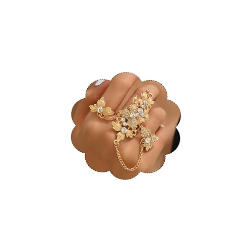 Rhinestone Finger Ring for Women Sparkly Crystal Butterfly Flower Leaf Adjustable Statement Chain Rings Punk Jewelry - color: gold flower