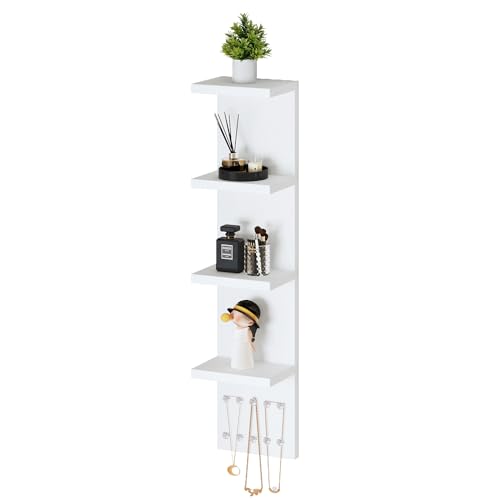 LitaEther 4 Tier White Lack Shelf Vanity Wall Shelf with 10 Crystal Hooks - Multi-Functional Storage for Makeup, Jewelry, Plants, Awards & Display (L7.1 x W5.5 x H30.7) (1)