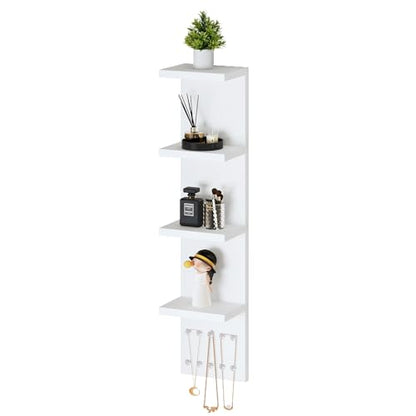 LitaEther 4 Tier White Lack Shelf Vanity Wall Shelf with 10 Crystal Hooks - Multi-Functional Storage for Makeup, Jewelry, Plants, Awards & Display (L7.1 x W5.5 x H30.7) (1)