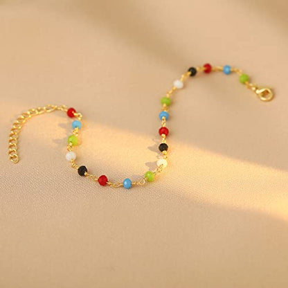 Womens Dainty Gold Chain Bracelet,Simple Layered Chain Bracelets,Beaded Turquoise Bracelet,Charm Crystal Bar,Heart,Karma,Triangle,Pearl Bracelets for Women - color: Multi-Color Crystal