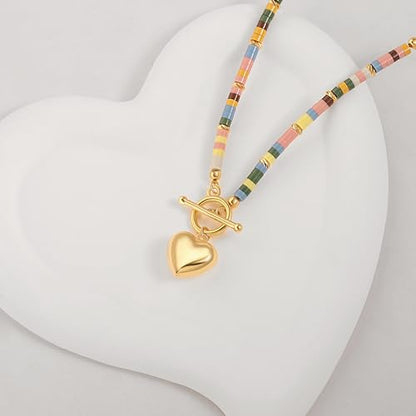 Aobei Pearl 18K Gold Plated Moon Star Lion Evil Eye Love Heart Cross Pendant Necklace Medallion Paperclip Chian Choker Layering Jewery for Women - color: Colorful Beads and 18K Gold Plated Heart