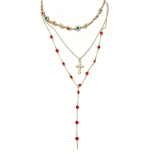 Layered Cross Necklace Set for Women, Layered Choker Necklaces Trendy Jewelry, Colorful Enamel Beaded Y-Shaped Lariat Necklace, Boho Multilayer Cross Necklace for Party and Daily Wear - color: Gold-04