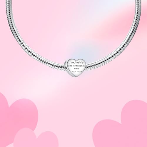 Bible Family Mom Wife Love Heart Dangle Charm 925 Sterling Silver Charms fits Bracelets and Necklace Pendant Bead Charms Jewelry Present for Women Family Friends - style: Bible - I am fearfully and wonderfully made charm