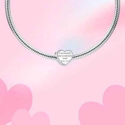 Bible Family Mom Wife Love Heart Dangle Charm 925 Sterling Silver Charms fits Bracelets and Necklace Pendant Bead Charms Jewelry Present for Women Family Friends - style: Bible - I am fearfully and wonderfully made charm
