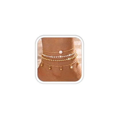 Subiceto Ankle Bracelets for Women Waterproof - 14K Gold Plated Non Tarnish Anklets Set Dainty Stainless Steel Stackable Layered for Beach Summer Jewelry Adjustable - color: 4Pcs CZ-14K Gold Plated