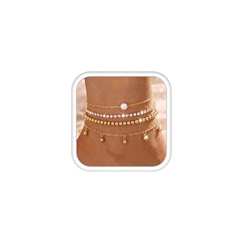 Subiceto Ankle Bracelets for Women Waterproof - 14K Gold Plated Non Tarnish Anklets Set Dainty Stainless Steel Stackable Layered for Beach Summer Jewelry Adjustable - color: 4Pcs CZ-14K Gold Plated