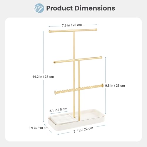Lolalet Jewelry Necklace Holder with Ceramic Base, 14.2" Gold Jewelry Display Stand with Velvet Ring Tray Jewellery Organizer for Necklaces Bracelets Earrings