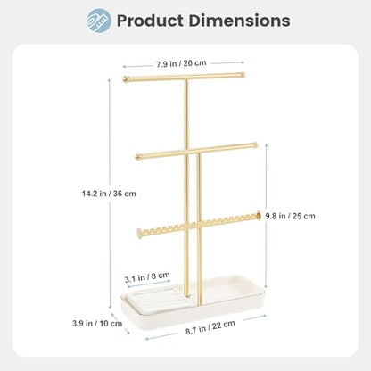 Lolalet Jewelry Necklace Holder with Ceramic Base, 14.2" Gold Jewelry Display Stand with Velvet Ring Tray Jewellery Organizer for Necklaces Bracelets Earrings