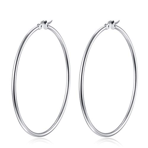 Pair Womens Large Huggie Hinged Hoop Earrings, Classic Party - color: Silver color, size: 5.5CM