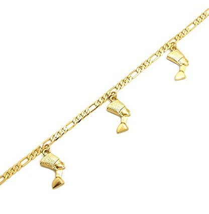 Fashion 21 Women's Cross, Ankh, Queen Nefertiti Piece 10 inches Figaro Chain Anklet Foot Bracelet in Gold Tone - style: 3 Nefertiti Charms/ Figaro