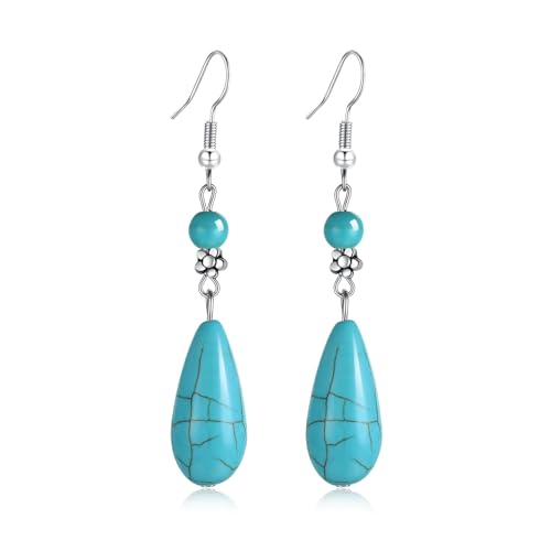 Boho Turquoise Dangle Earrings For Women Trendy,Western Blue Gemstone Drop Earings,Vintage Gothic Ethnic Statement Beach Vacation Long Birthstone Earrings with Leaf Teardrop Turquoise Crystal Tassels,Fashion Jewelry Birthday Gift. - style: A6 Turquoise Te