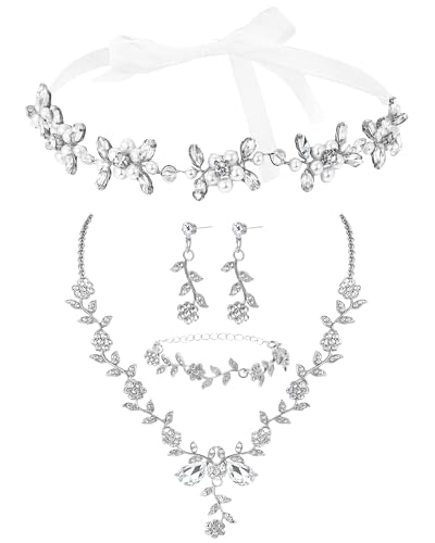 Unittype 4 Pcs Women's Wedding Prom Jewelry Set Leaf Cluster Flower Crystal Dangle Earrings Bracelet Pendant Necklace Pearl Headpiece for Bridal Bridesmaid Weddings Engagements Birthday Party - color: silver