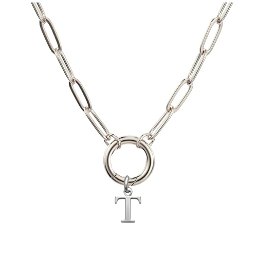 Paperclip Chain Carabiner Initial Charm Holder Necklace by Ginger Lyne | 18K Gold-Plated or Silver Tone Paperclip Chain with Carabiner Charm Holder, Adjustable 18-20 Inch, A-Z Initial Pendant - color: Silver-T