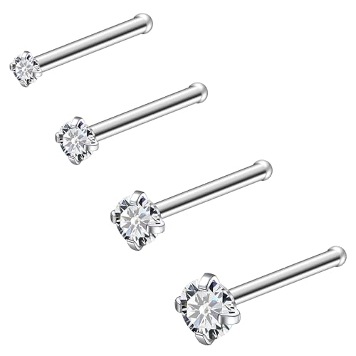 ASTM F136 Titanium Nose Rings 18G 20G 22G Clear Round Cubic Zirconia Nose Studs Ring Screw L-Shaped Bone Hypoallergenic Body Piercing Jewelry for Women 1.5mm 2mm 2.5mm 3mm 4PCS - style: Bone:20G(0.8mm)