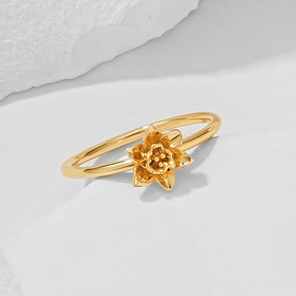 Birth Flower Stacking Ring for Women | 14K Gold Plated Brass, 12 Engraved Floral Motifs, Slim Stack-Ready Band, Available in US Sizes 5-9 - style: Mar.-Daffodil