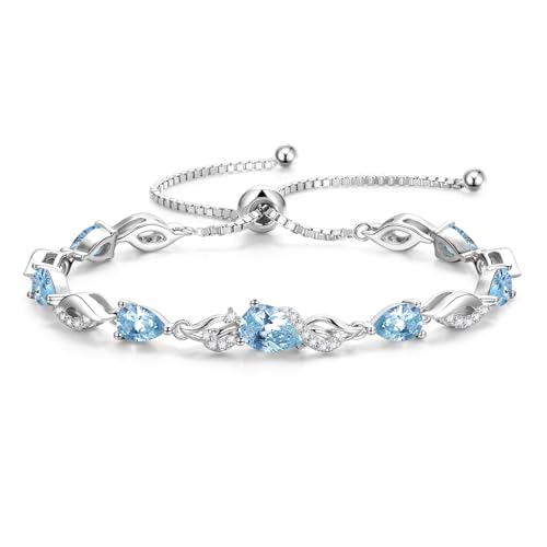 FANCIME Birthstone Teardrop Tennis Bracelet for Women, Sterling Silver 9x7mm main Gemstone Bolo Adjustable Chain Bracelet Fine Jewelry Birthday Gifts for Women Mom Wife Her - color: 03-Aquamarine