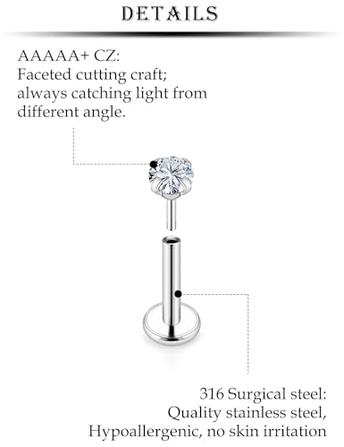 20G 18G 16G Nose Rings Studs 316L Surgical Steel Flat Back Threadless Push in Nose Studs Screw L-Shaped Nose Rings Tragus Cartilage Helix Earrings Piercing Jewelry for Women Men - color: 20G-6/7/8mm Bars-1.5/2/2.5/3mm CZ