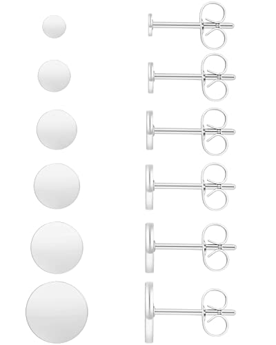 Unisex 6 Pairs Dot Stud Earrings, Surgical Steel Gold Plated Black Tiny Flat Disc Stud Earrings for Women Men - color: Silver-2/3/4/5/6/8mm