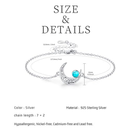 Moon Bracelet for Women 925 Sterling Silver Moonstone/Birthstone Moon Bracelet Butterfly/Dragonfly Bracelet Celtic Moon Butterfly Dragonfly Jewelry Gifts for Women - style: Turquoise-Silver