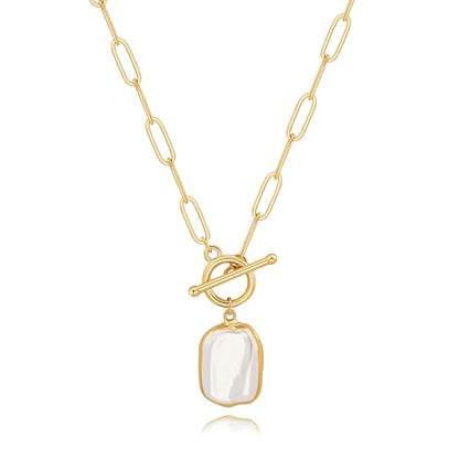 SOFYBJA Saint Benedict Necklace Drop 18K Gold Toggle Medallion Coin Cross Pendant Necklaces Religious Jewelry Catholic Gift for Women - color: Gold Square Baroque Pearl Pendant Necklace
