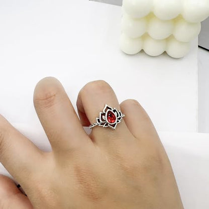 Lotus Ring for Women - Zircon Inlaid Flower Promise Ring - My Trauma Inspirational Statement Floral Jewelry Gift - color: red
