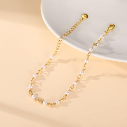 Gold Pearl Bracelet for Women, 18K Gold Plated Dainty Pearls Beaded Chain Bracelet Jewelry Gifts for Women - color: B-Gold 2
