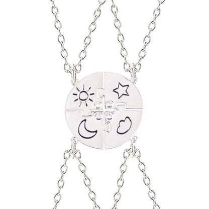 3pcs Friendship Moon Sun Star Puzzle Matching Necklace Set Gold Silver Plated Cute Crescent Round Circle Geometric Best Friend BFF Pendant Necklace for 3 Women Sisters Daughter Birthday Jewelry Gifts - color: 4pcs silver necklace
