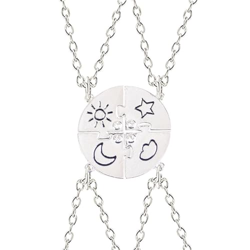 3pcs Friendship Moon Sun Star Puzzle Matching Necklace Set Gold Silver Plated Cute Crescent Round Circle Geometric Best Friend BFF Pendant Necklace for 3 Women Sisters Daughter Birthday Jewelry Gifts - color: 4pcs silver necklace