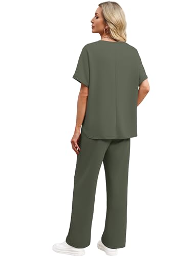 Sampeel Lounge Sets for Women V Neck Turn-UP Sleeves Tops Wide Leg Pants 2 Piece Sets Oversized Summer Vacation Outfits 2026 - color: Green, size: Medium