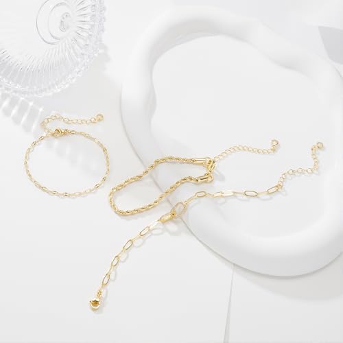 Turandoss Gold Bracelets for Women - Dainty 14K Gold Plated Tennis Bracelet | Stackable Cross Beaded Set, Twisted Rope Chain, Snake Paperclip Chain, Knot Cuff Bracelets for Women, Jewelry Gifts - color: Interlocking Rope Set