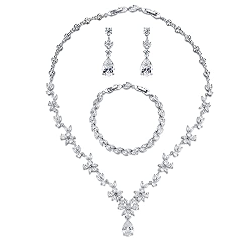 GULICX Wedding Jewelry for Bride, Silver Bridal Necklace Earrings Bracelet Set with Clear Cubic Zirconia, Bridemaids Jewelry Set for Wedding, Crystal Wedding Party Jewelry Set for Women Girls - color: White gold plated