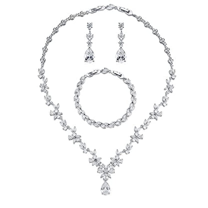 GULICX Wedding Jewelry for Bride, Silver Bridal Necklace Earrings Bracelet Set with Clear Cubic Zirconia, Bridemaids Jewelry Set for Wedding, Crystal Wedding Party Jewelry Set for Women Girls - color: White gold plated