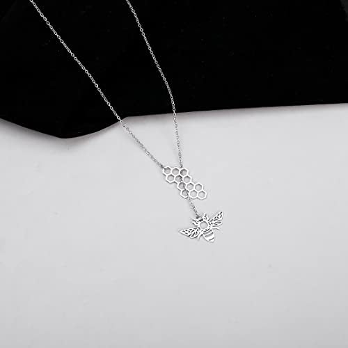18K Gold Plated Stainless Steel Bee Honeycomb Pendant Necklace, Adjustable Y Lariat Conch/Guitar/Horseshoe Necklace for Women - color: Silver, style: Bee