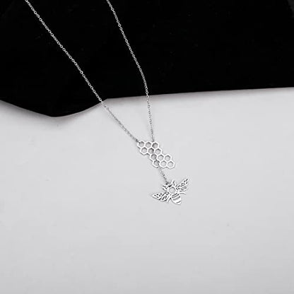 18K Gold Plated Stainless Steel Bee Honeycomb Pendant Necklace, Adjustable Y Lariat Conch/Guitar/Horseshoe Necklace for Women - color: Silver, style: Bee